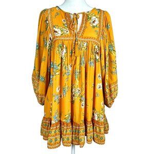 Rachel Zoe Balloon Sleeve Yellow Floral Tassel Tie Boho Peasant Tunic Size S